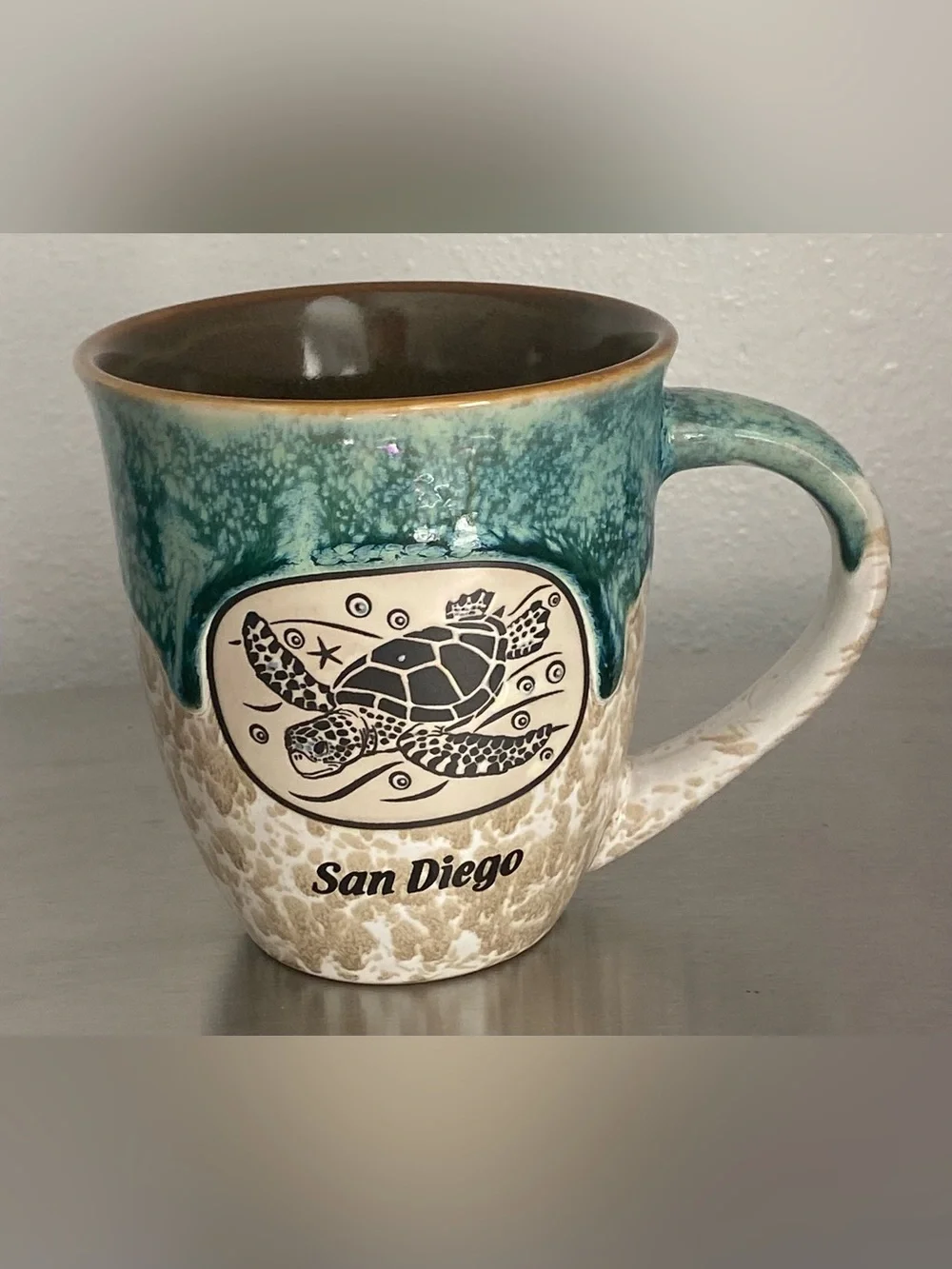 NEW SAN DIEGO SEA TURTLE CERAMIC MUG IN TEAL AND SAND